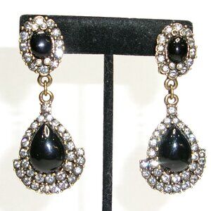 Heidi Daus Black Stone & Rhinestone Large Dangle Drop Clip Earrings‎